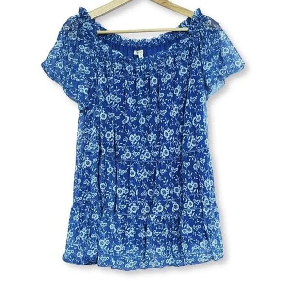 New Max Studio Plus Floral Print Mesh Overlay Flutter Sleeves Blouse Top - Picture 3 of 5